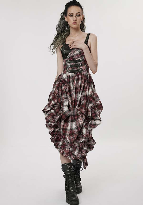 Punk Rave's Striking Danika Red Tartan MIDI Women's Dress for Edgy Fashion Lovers