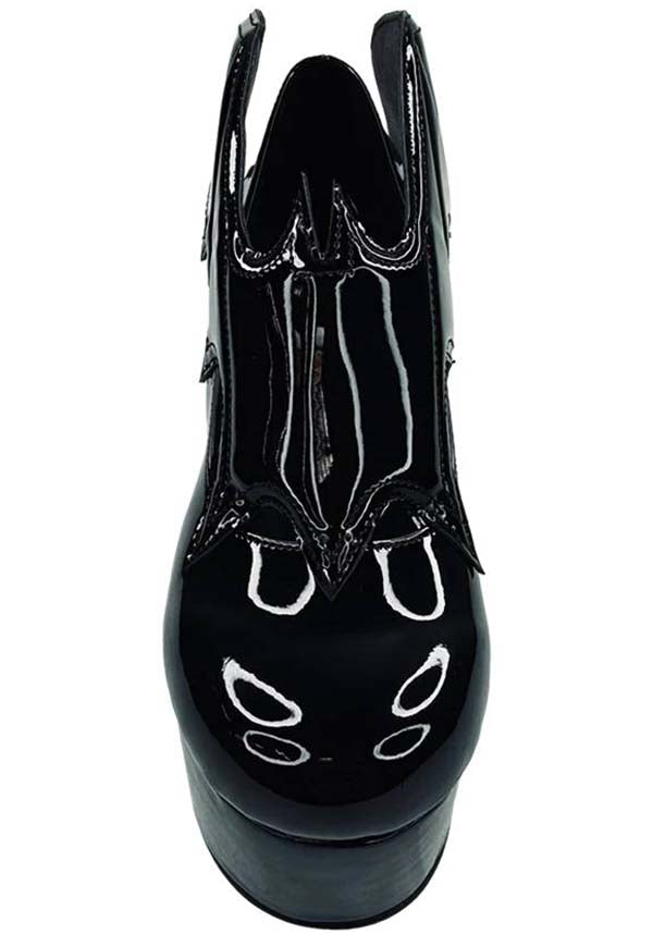 YRU Black Vegan Vampira Platform Heels with Bat Wing Detail