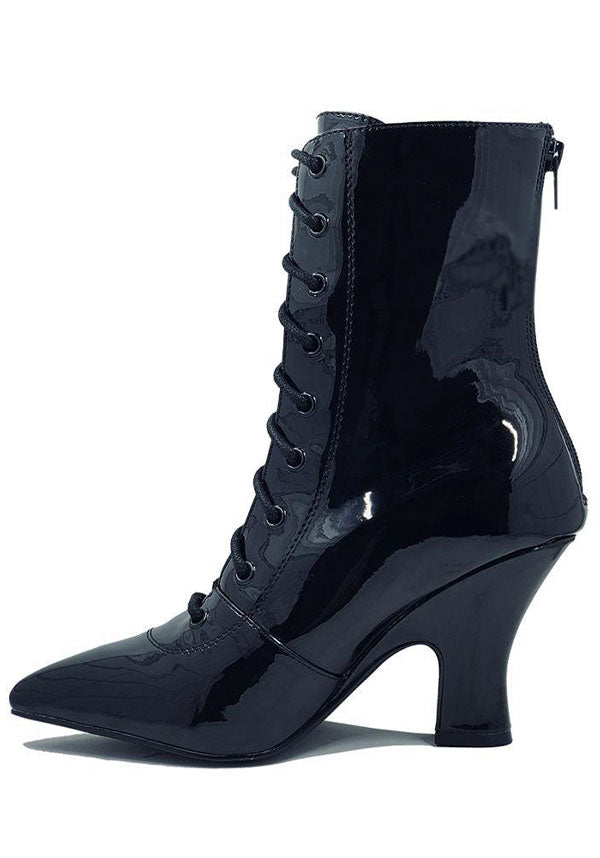 Victoria Black Patent Vegan Leather Witchy Boots with 2 - inch Heel
