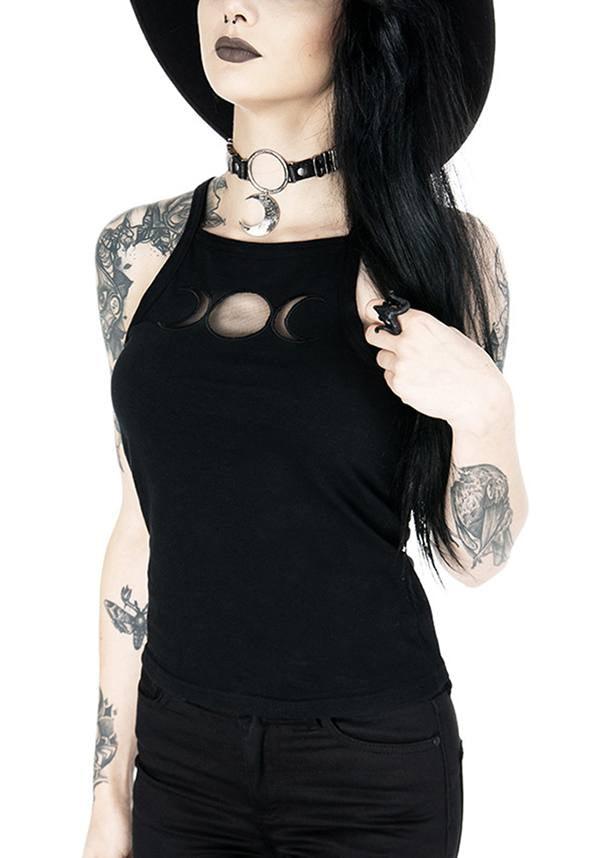 Triple Goddess Black Gothic Top with Moon Phase Mesh Cut-Outs