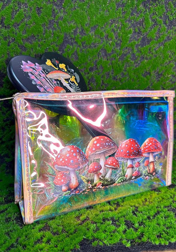Enchanting Holographic Cosmetic Bag with Cute Red Cap Mushroom Print