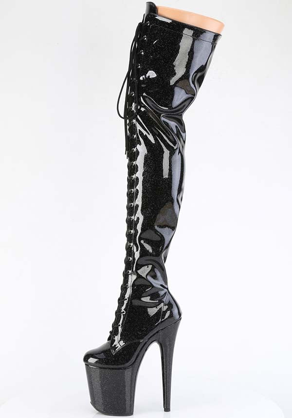 Black Glitter Flamingo-3020GP Platform Thigh High Boots [PREORDER]