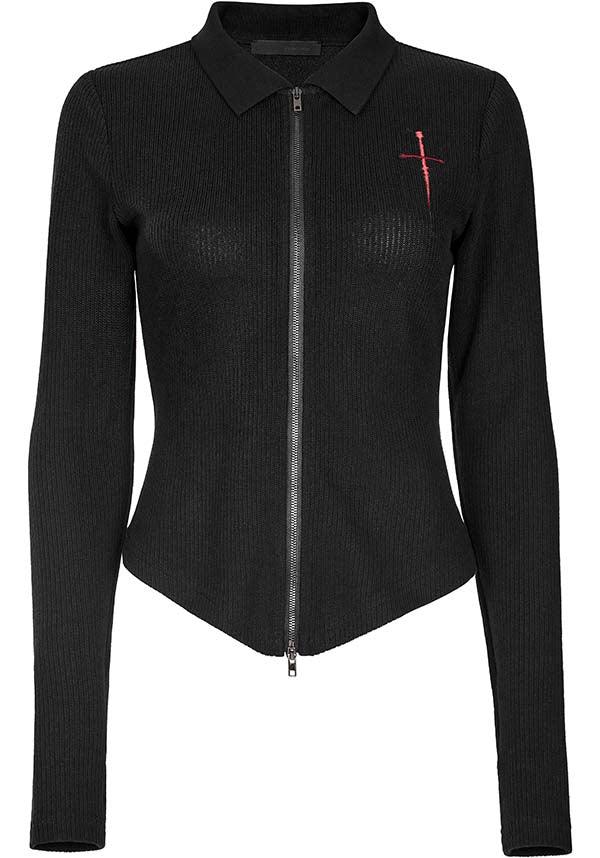 Elastic Knit Long-Sleeve Top with Dagger Embroidery