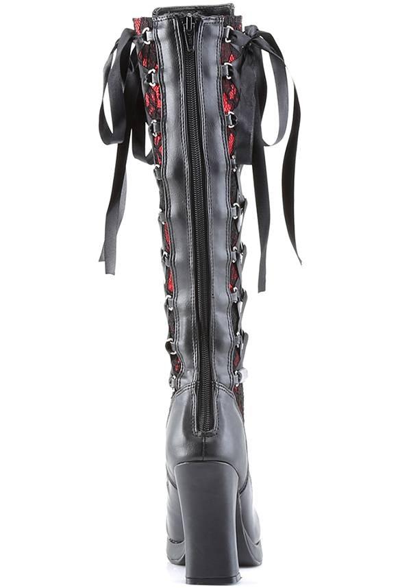 Preorder Demonia Crypto-106 Knee High Boots in Black/Red