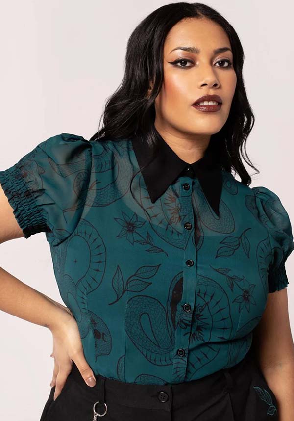 Hell Bunny Dark Green Venom Chiffon Top with Snake & Star Prints