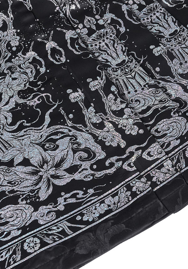 Devil Fashion Luxury Black Floral Jacquard Maxi Skirt