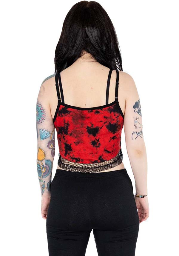 Poizen Industries' Danica Tie Dye Women's Top in Stylish Black and Red Color Scheme
