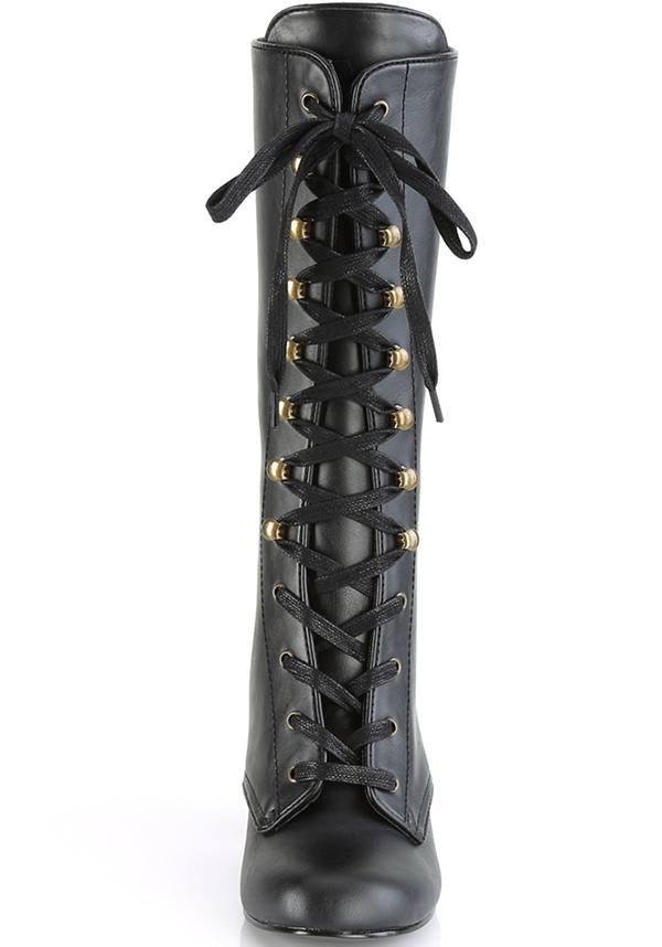 VIVIKA-205 Black Pre-order Mid-Calf Round Toe Lace-Up Boots by Demononia