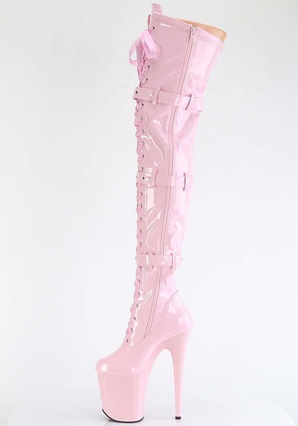 Flamingo-3028 Baby Pink Patent Platform Thigh High Boots for Preorder