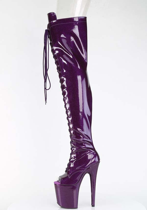 PREORDER: Flamingo-3021GP Purple Glitter Platform Thigh High Boots