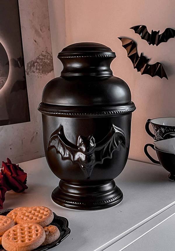Matte Finish Crypt Style Ceramic Cookie Jar with Intricate Details