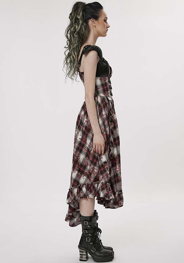 Punk Rave's Striking Danika Red Tartan MIDI Women's Dress for Edgy Fashion Lovers