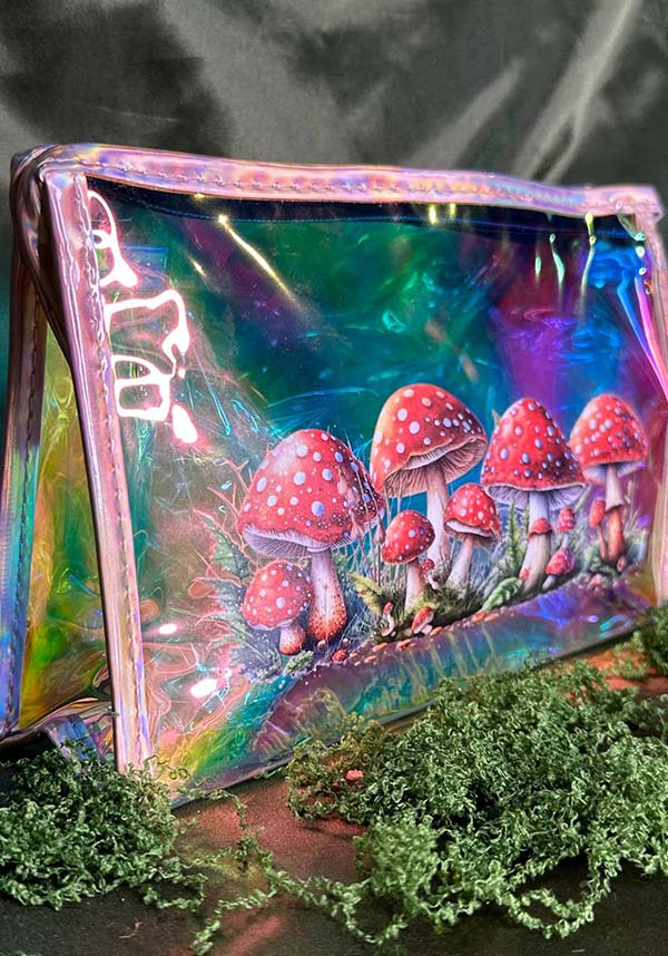 Enchanting Holographic Cosmetic Bag with Cute Red Cap Mushroom Print