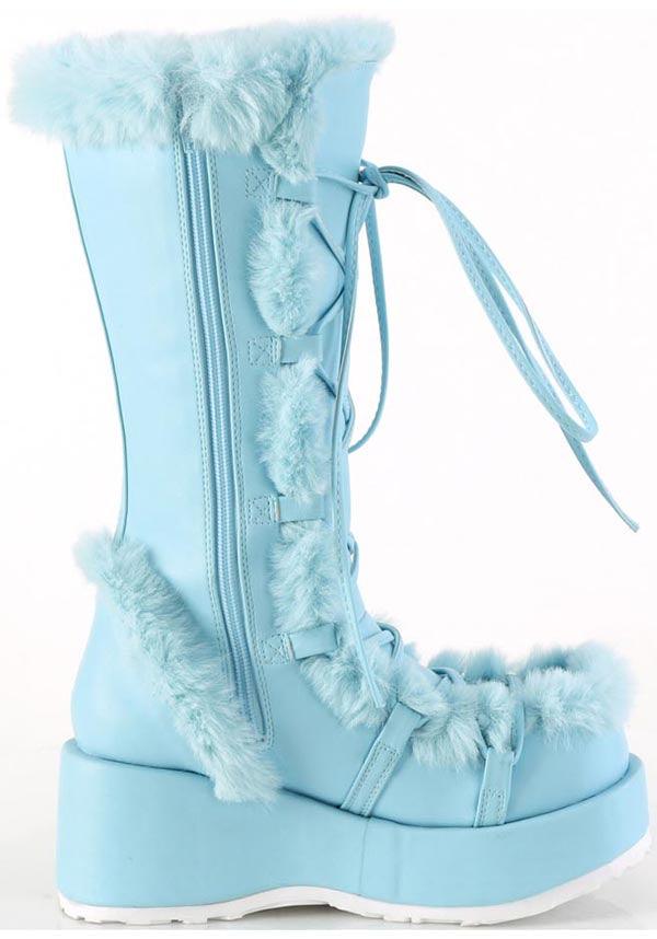Demonia CUBBY - 311 Mid - Calf Platform Boots in Blue Vegan Patent Leather [Pre - Order]
