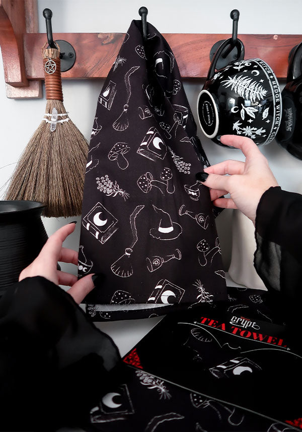 Enchanting Cottage Witch Design Tea Towel for Kitchen Use