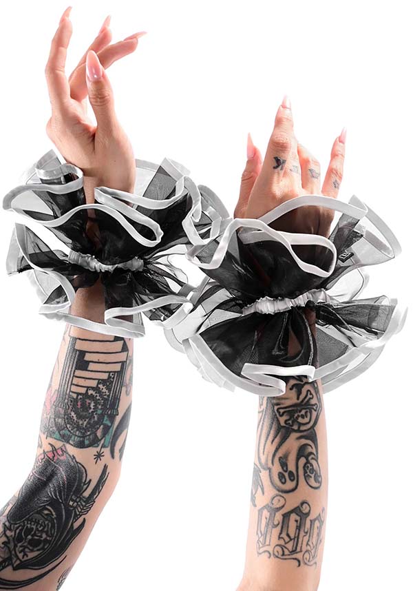 Foxblood Black Organza Clown Cuffs with White Satin Ties