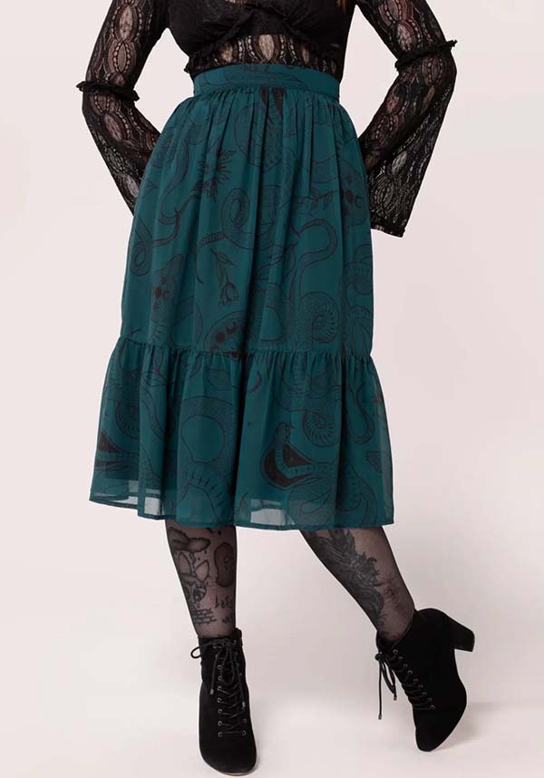 Hell Bunny Dark Green Venom Chiffon Midi Skirt with Snake & Star Prints