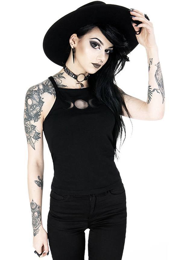 Triple Goddess Black Gothic Top with Moon Phase Mesh Cut-Outs