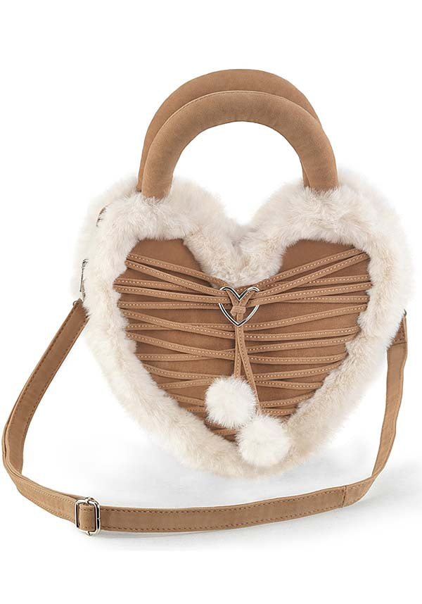 Demonia's Pre - order Camel - Colored Faux Fur Heart - Shaped Fashion Purse